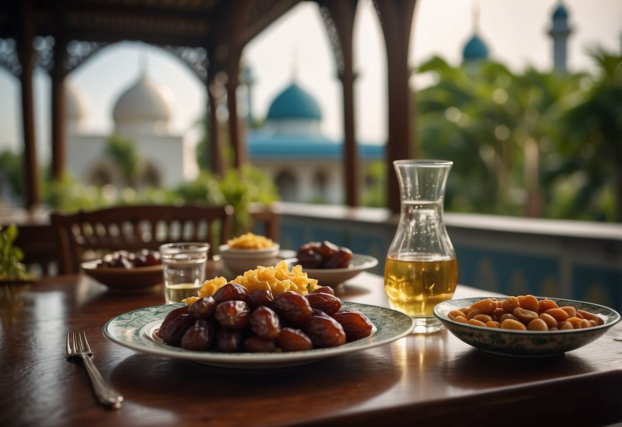 A table set with dates, water, and traditional Malay dishes, with a mosque in the background