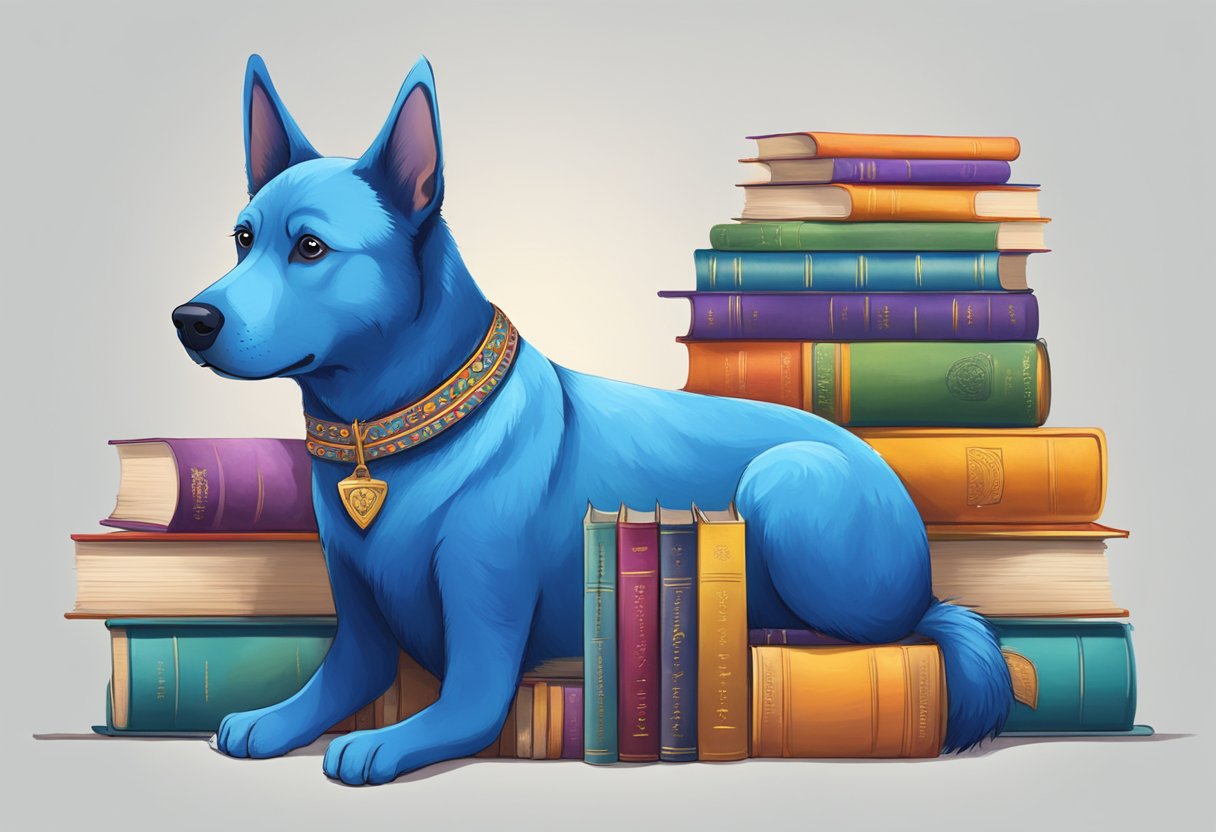A blue dog sits among colorful books with cultural and language-inspired names on the spines