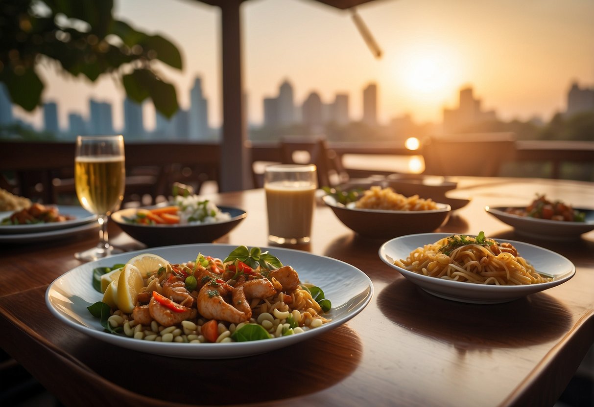 A table set with traditional Singaporean dishes at sunset