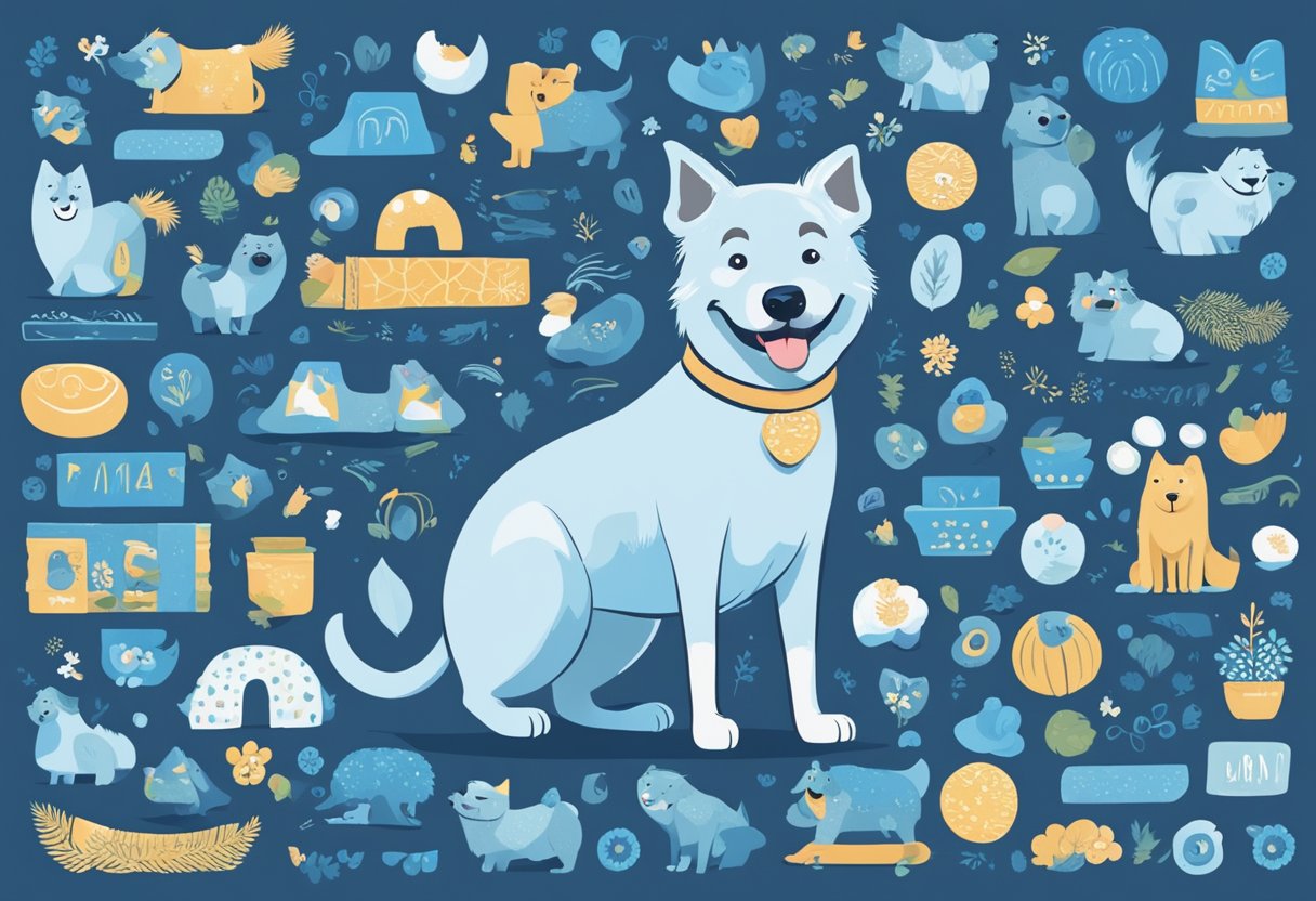 A happy blue dog with a wagging tail, surrounded by a variety of name options written in bold and playful fonts