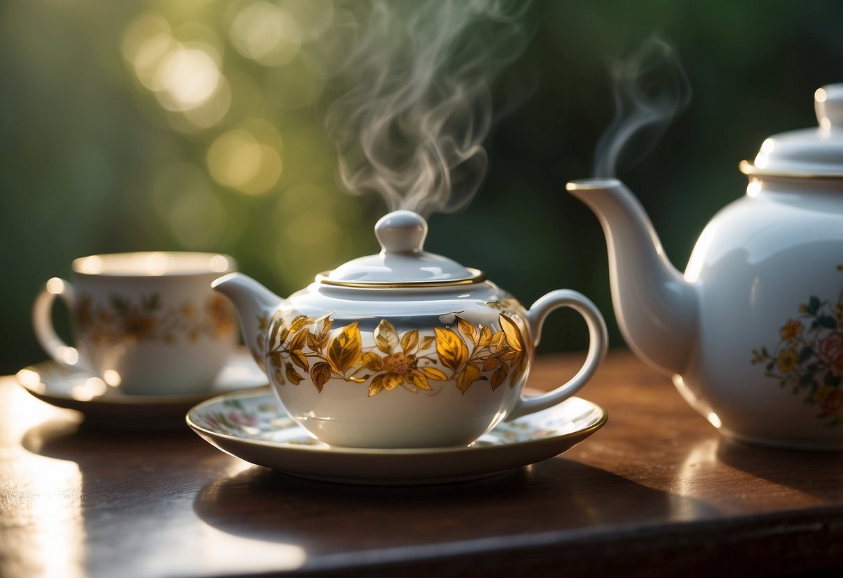 A teapot with English Breakfast tea steeping for 3-5 minutes, steam rising, surrounded by a cozy setting with a teacup and saucer