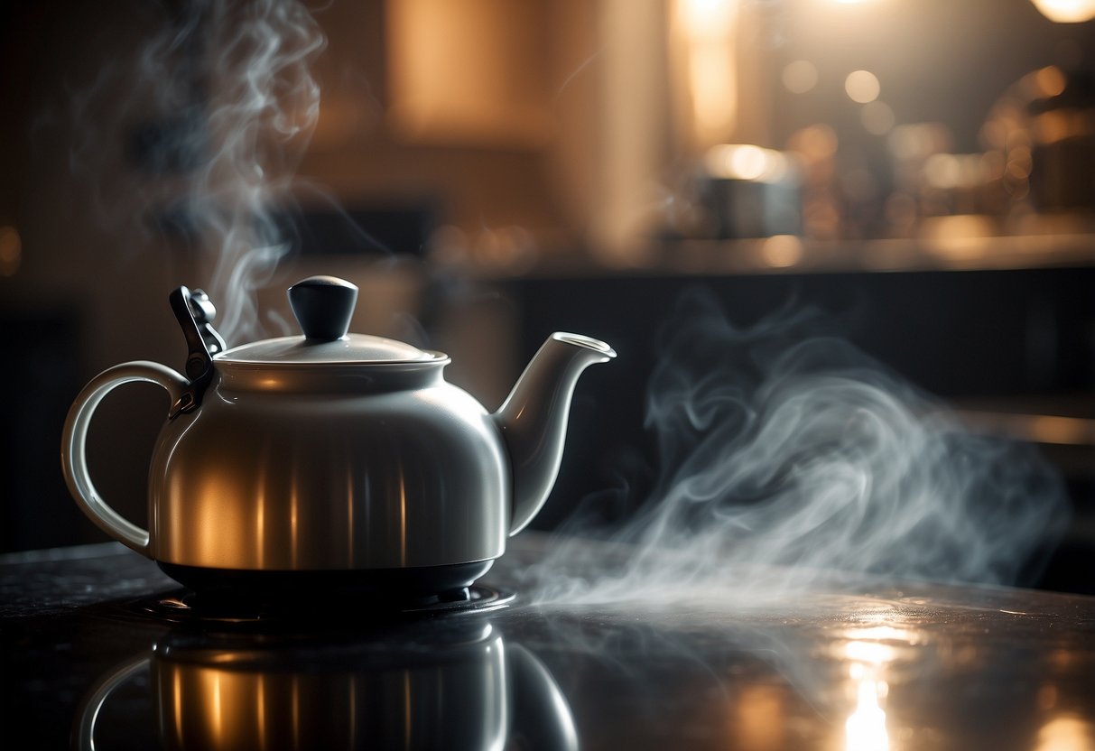 A teapot sits on a stove, steam rising from the spout. A timer displays 3-5 minutes. A tea bag dangles in the water
