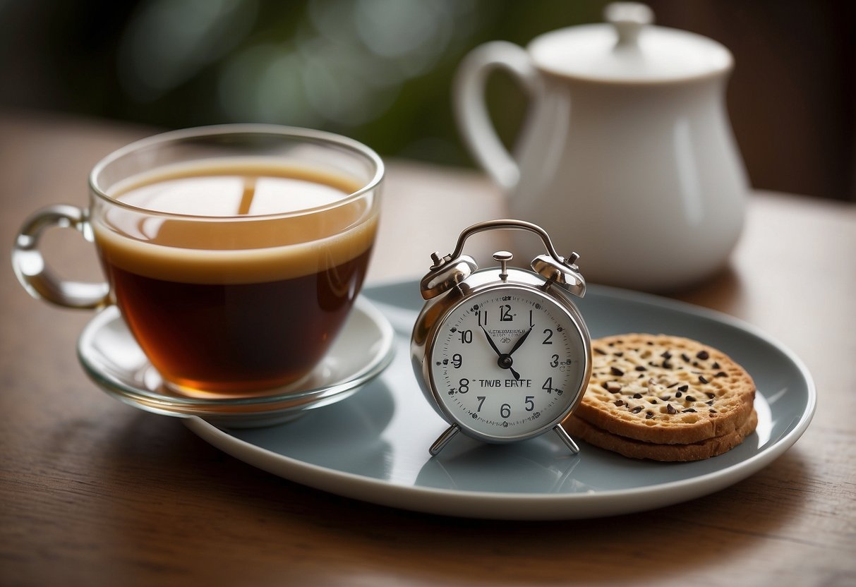 A timer set for different intervals next to a cup of English breakfast tea, indicating varying steep times for different strength preferences
