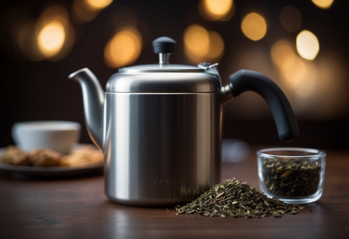 Airtight tea tin with loose English breakfast tea. Timer set for 3-5 minutes. Tea kettle steaming