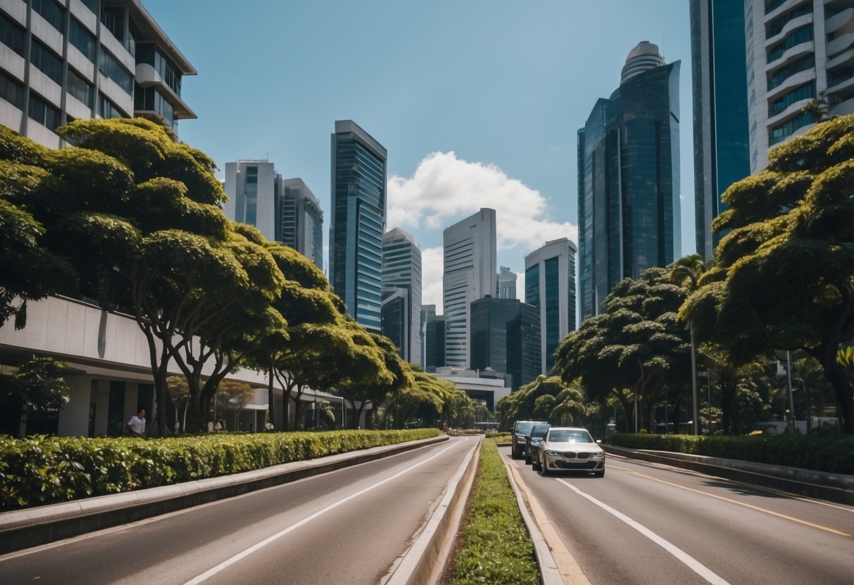 A bustling city street in Singapore, lined with modern buildings and lush greenery, under a clear blue sky
