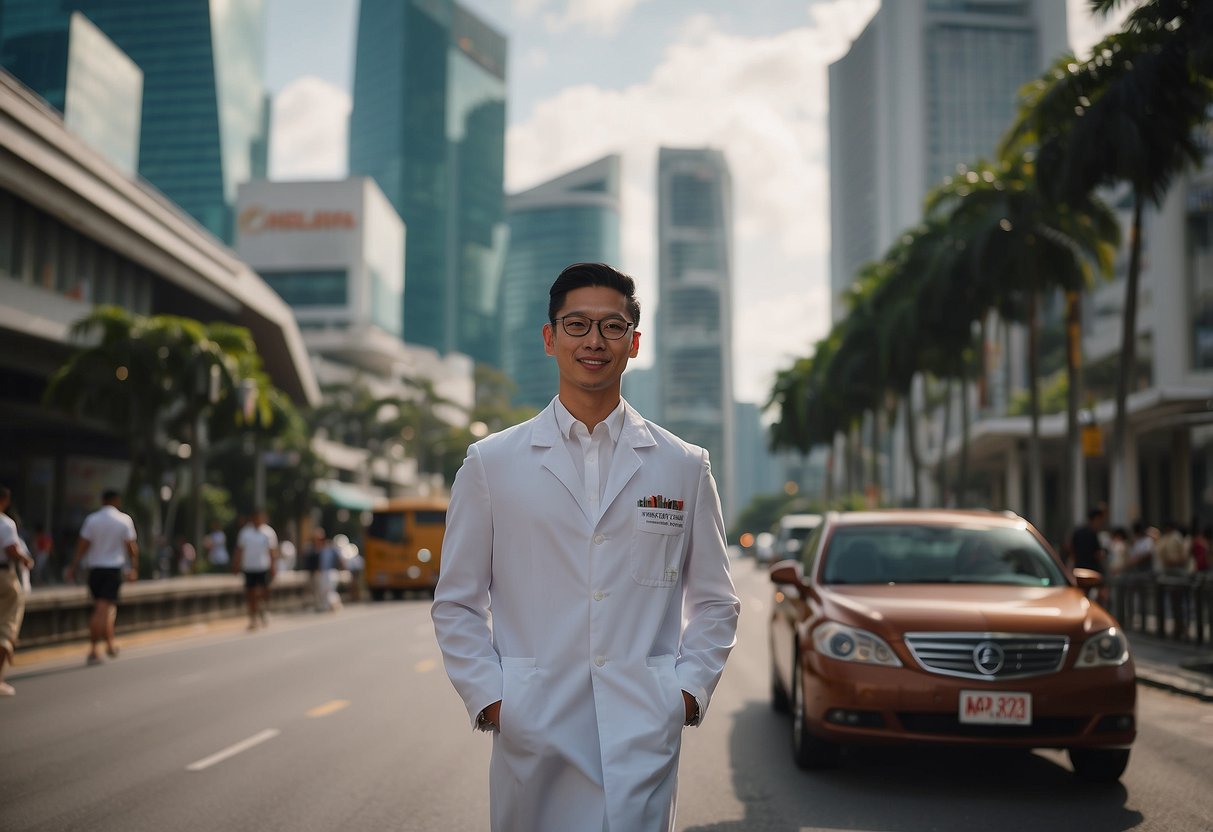 Whitecoat travels through bustling Singapore streets, passing colorful shophouses and iconic landmarks like the Merlion statue and Marina Bay Sands