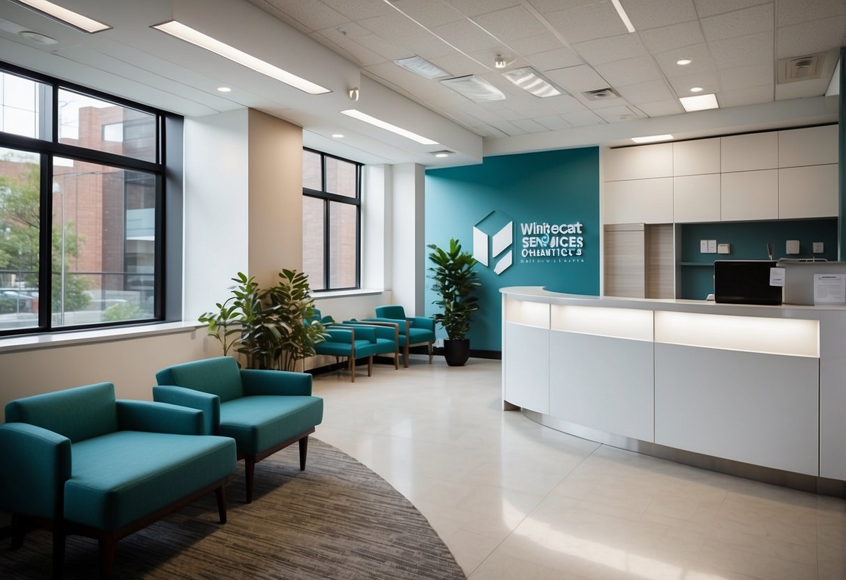 A modern, clean clinic with the Whitecoat's Healthcare Services logo prominently displayed. Bright, welcoming atmosphere with comfortable seating and professional staff