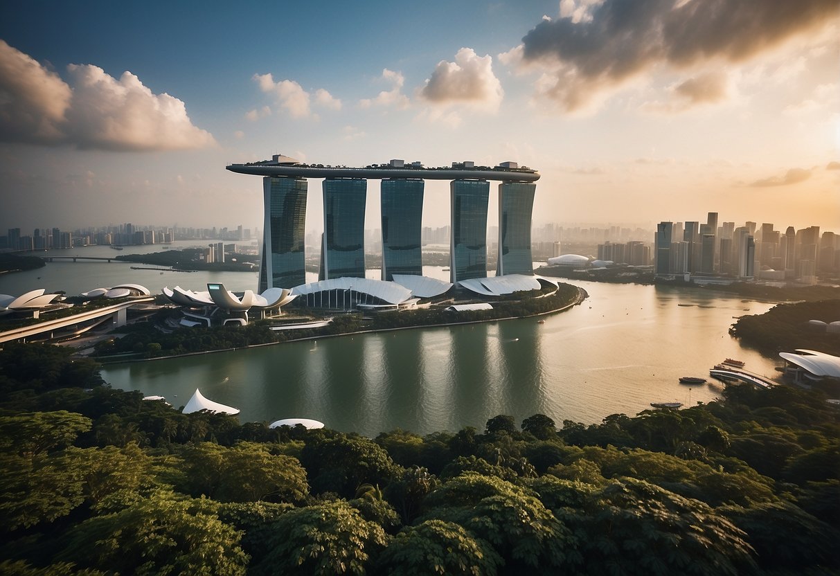A bustling cityscape with iconic landmarks like the Marina Bay Sands and the Singapore Flyer, surrounded by modern skyscrapers and lush greenery