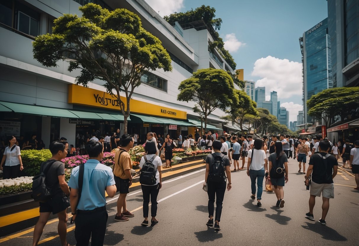 A bustling street in Singapore with iconic landmarks and colorful signs, showcasing the vibrant YouTube culture with people filming and vlogging