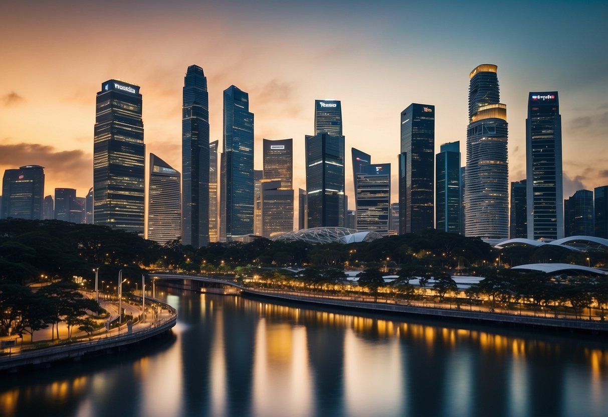 A bustling cityscape of Singapore with iconic landmarks and a digital screen displaying YouTube analytics and revenue graphs
