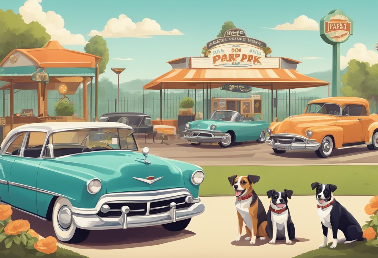 A vintage-themed dog park with old-fashioned signs and decor, dogs wearing retro accessories, and a classic car in the background