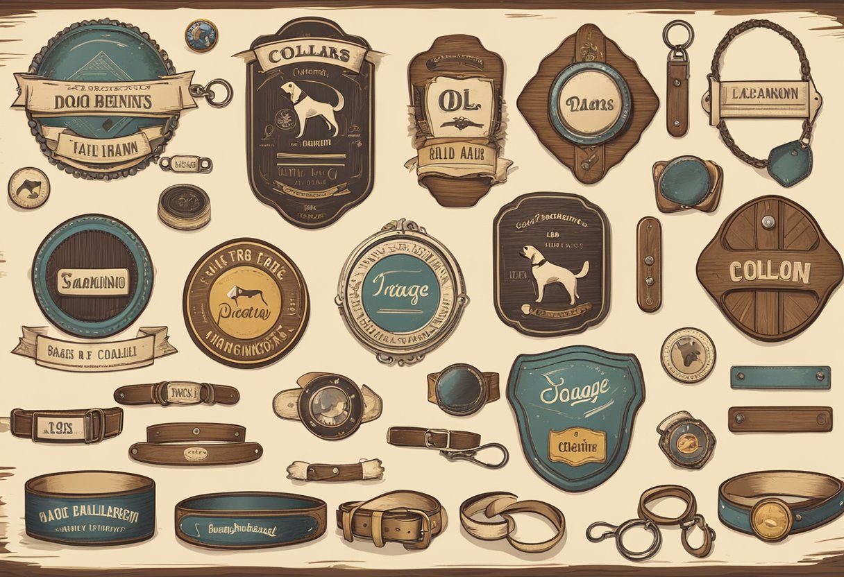 A collection of vintage and retro dog accessories displayed on a rustic wooden table, including old-fashioned name tags and collars with classic designs