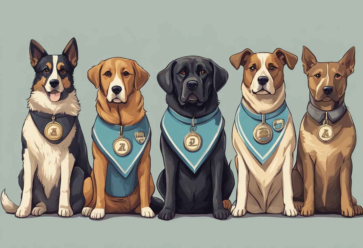 A group of vintage and retro male dogs sit in a row, each with a classic name tag around their necks