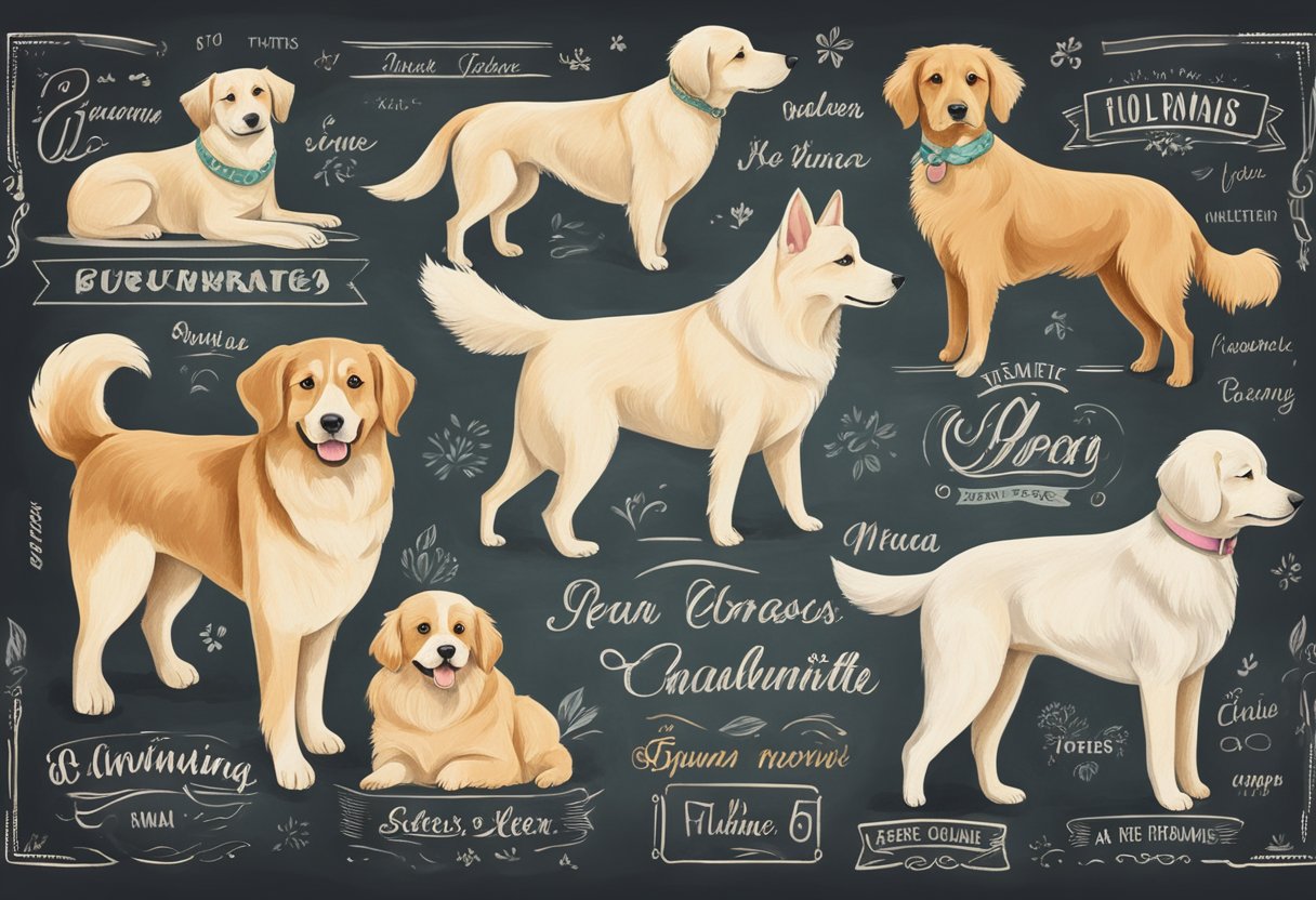 A group of vintage and retro dog names are written on a chalkboard with charming illustrations of female dogs