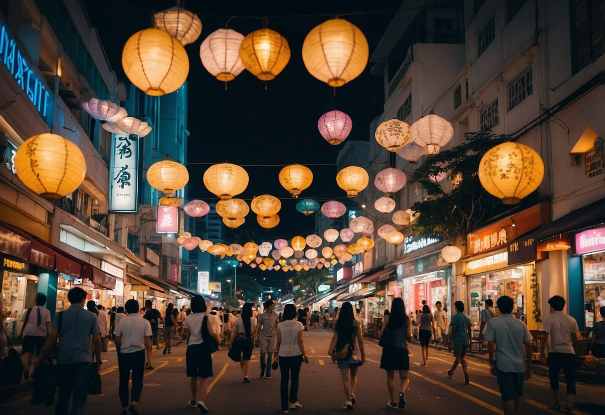 A bustling street in Singapore, with colorful storefronts and busy pedestrians