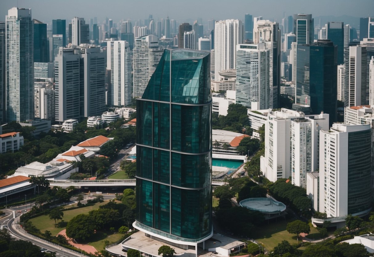 Aerial view of 135 Cecil Street, Singapore. Tall modern building with glass windows and sleek architectural design