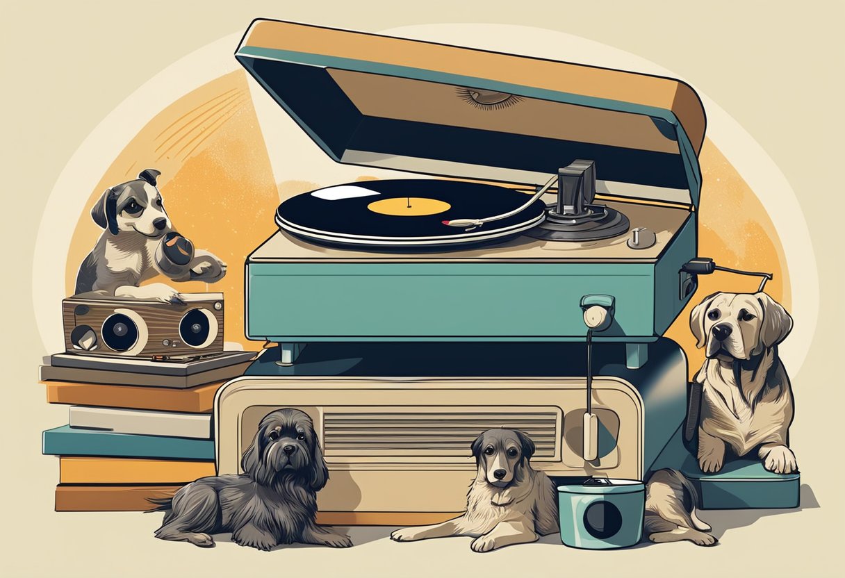 A vintage record player surrounded by retro posters of famous dogs from popular culture