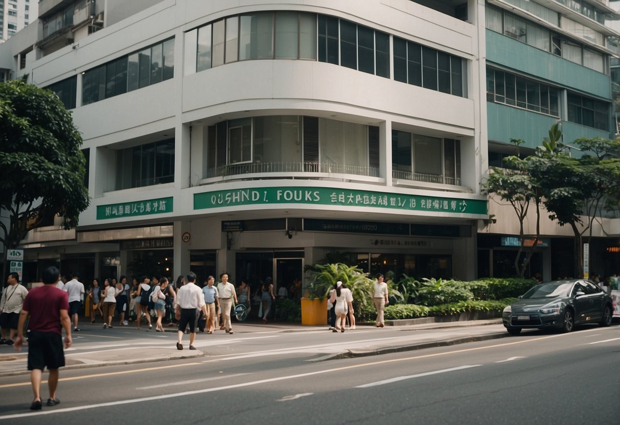 A bustling street in Singapore, with a prominent building labeled "Frequently Asked Questions" at 135 Cecil Street