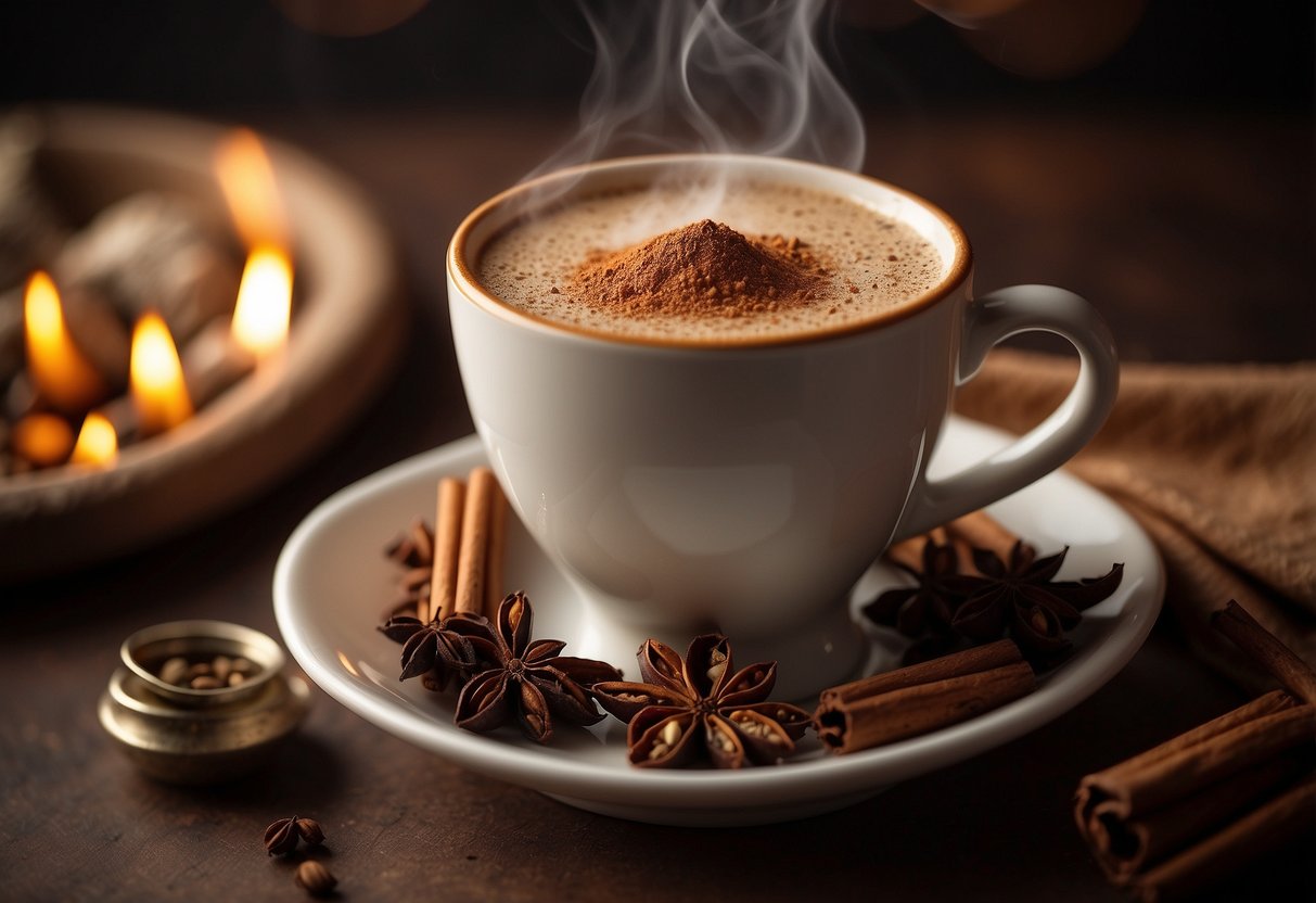 A steaming cup of masala chai surrounded by aromatic spices like cinnamon, cardamom, and cloves, each contributing to the rich flavor and health benefits of the traditional Indian drink