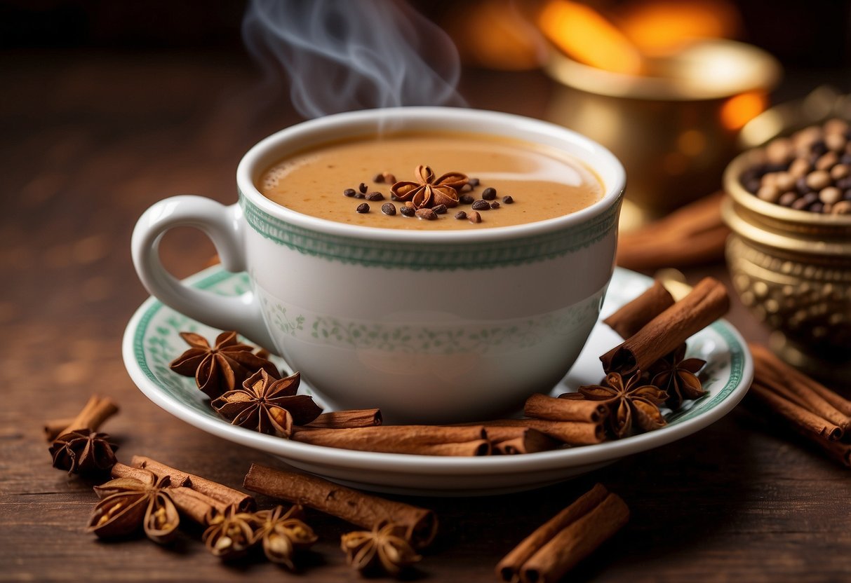 A steaming cup of masala chai sits on a rustic table, surrounded by vibrant spices like cinnamon, cardamom, and ginger. The rich aroma wafts through the air, symbolizing the cultural significance and benefits of this traditional Indian beverage