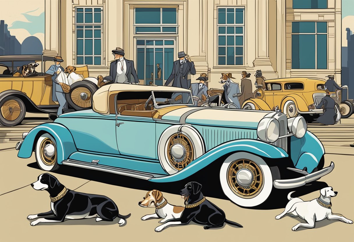 A group of dogs gather around a vintage car, wearing collars with names like "Buster" and "Flapper." The scene is set against a backdrop of art deco architecture and jazz music