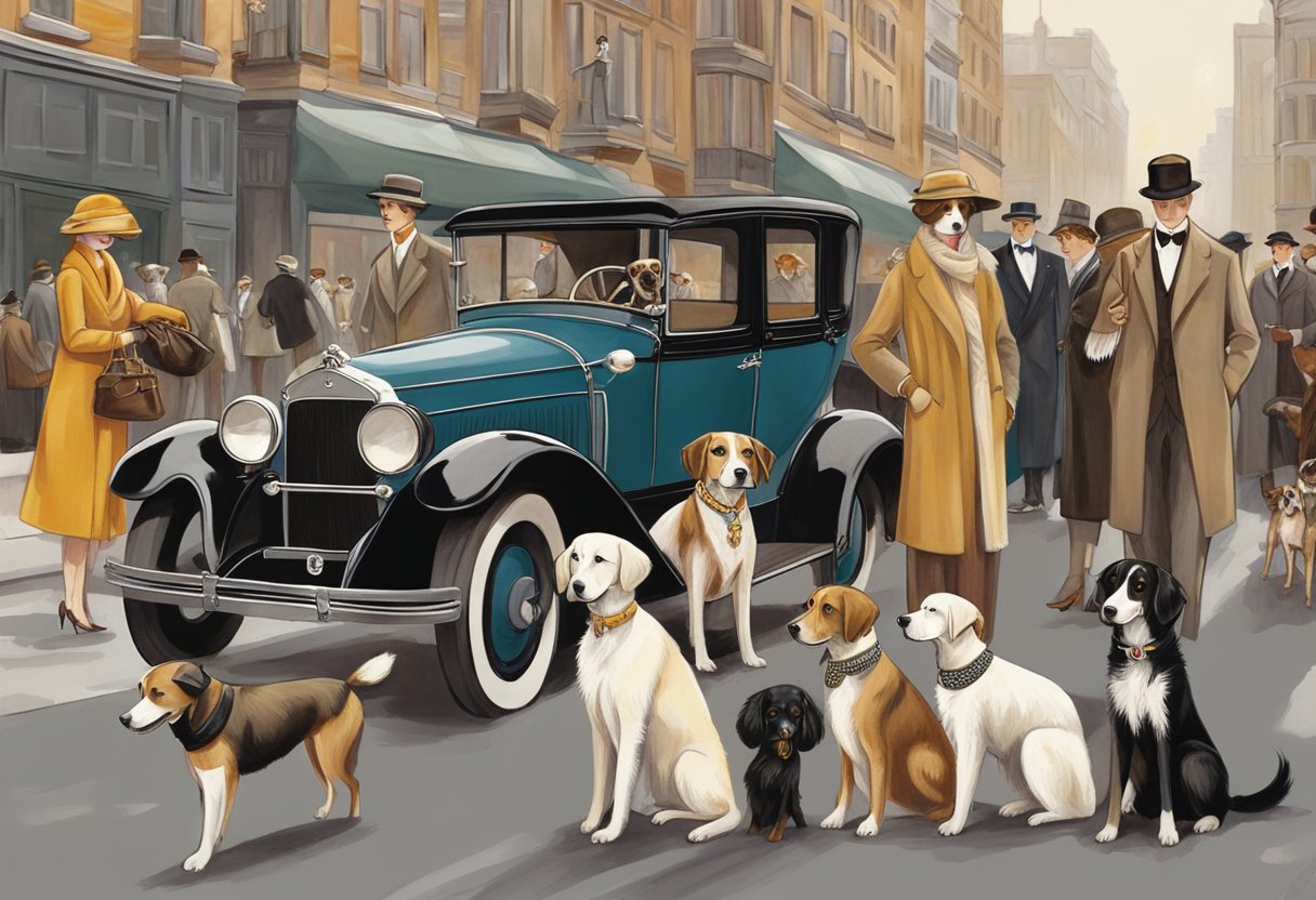 A group of dogs gather in a bustling city street, adorned with 1920s fashion and accessories. The atmosphere is lively and the dogs exude a sense of sophistication and charm