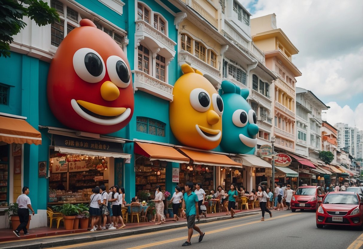 A bustling street in Singapore, with the iconic Potato Head building at 36 Keong Saik Rd. Colorful storefronts line the road, with people walking and cars passing by