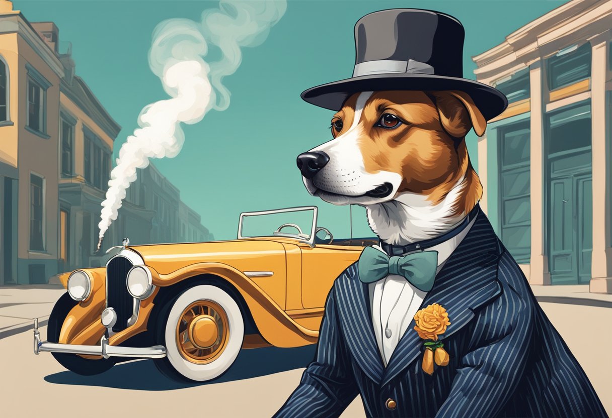 A dapper male dog in a pinstripe suit and fedora, smoking a pipe, with a vintage car in the background