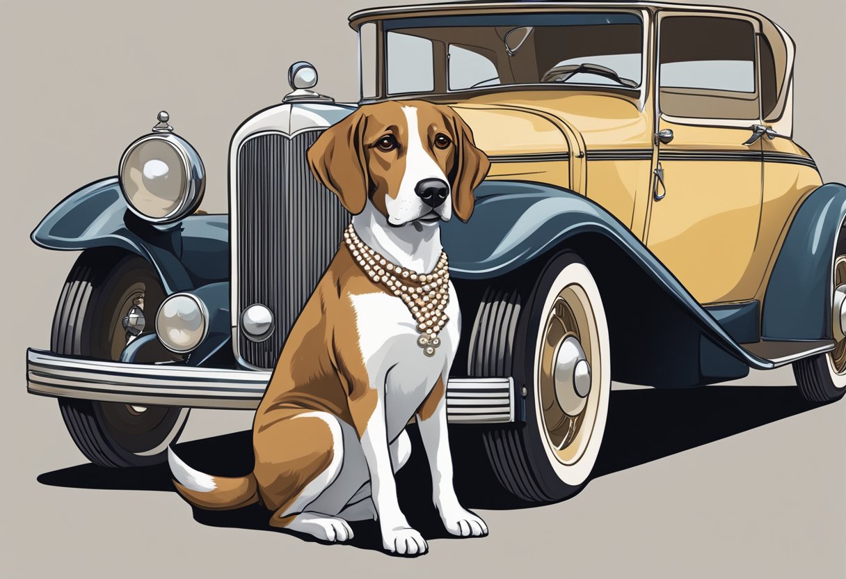 A stylish female dog wearing a flapper dress and pearls, with a feathered headband, standing in front of a vintage car