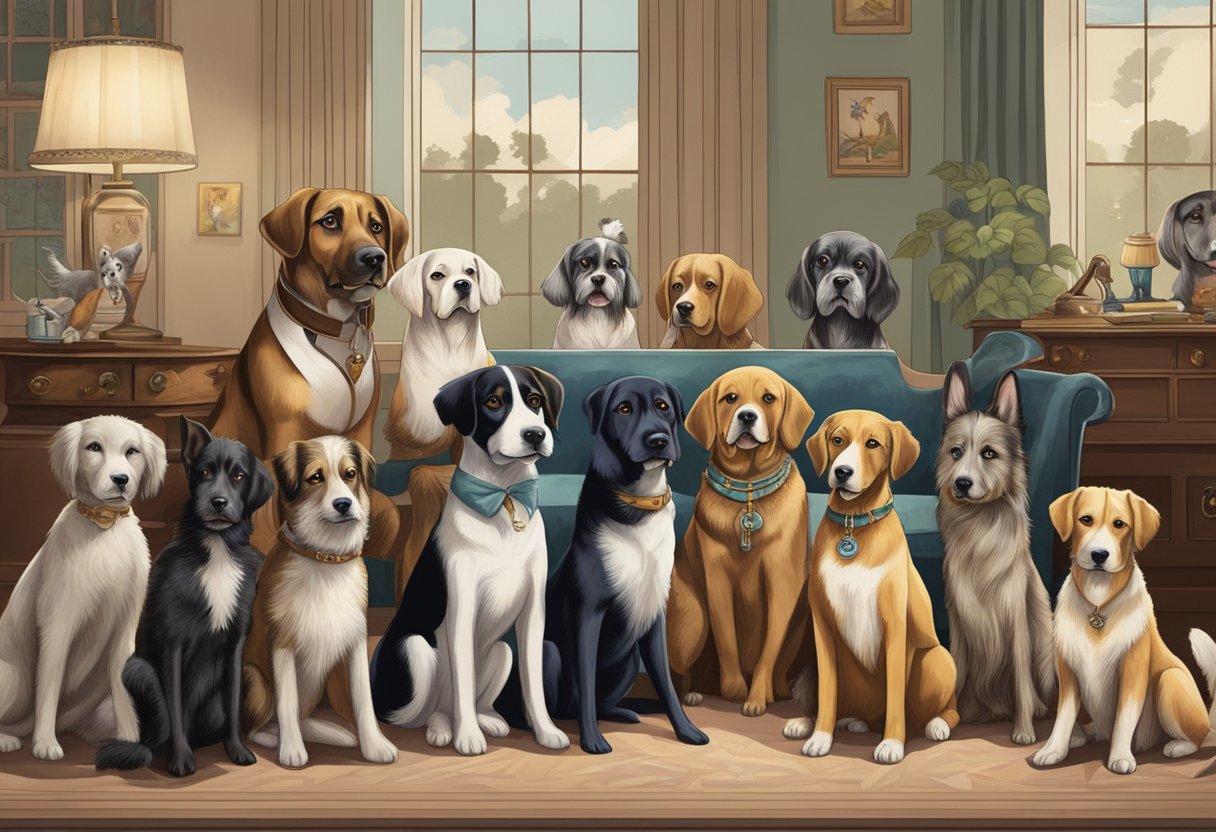 A group of dogs of various breeds, sizes, and colors, are gathered in a 1920s-themed setting, with vintage accessories and decor