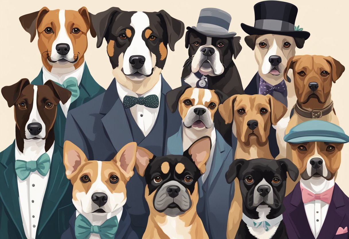 1920s celebrities and notable figures inspire dog names. A group of dogs with names like Gatsby, Coco, and Chaplin
