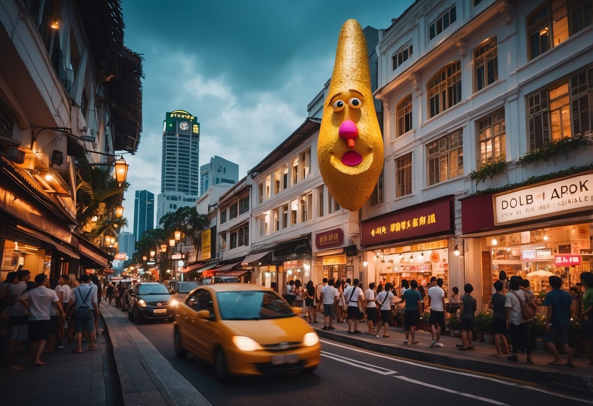 A bustling street in Singapore, with the iconic Potato Head building standing tall on Keong Saik Road. The vibrant atmosphere and unique architecture make for an exciting illustration