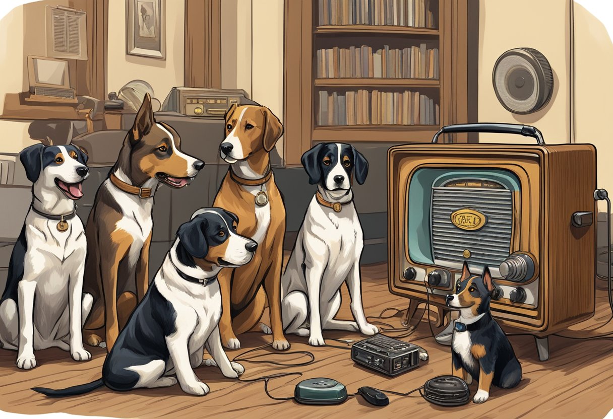 A group of dogs gather around a vintage radio, listening intently to a broadcast about famous literary and media dog names from the 1920s