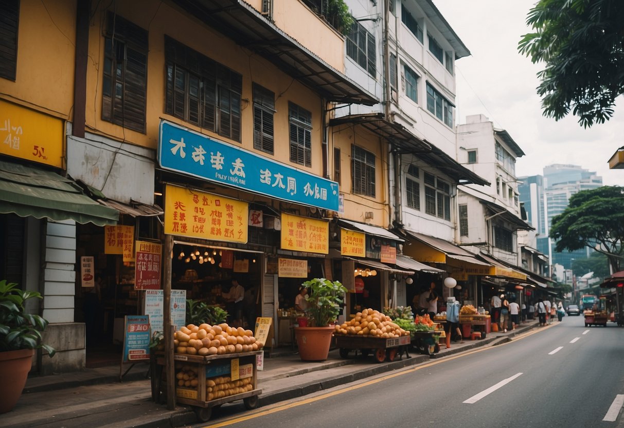 A vibrant street scene with a prominent sign reading "Practical Information 36 Keong Saik Rd Potato Head Singapore Singapore 089143"
