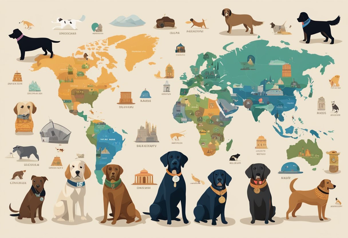 Dogs of various breeds sit in front of a map, surrounded by objects representing different regions. Each dog has a name tag with a unique 1920s-inspired name