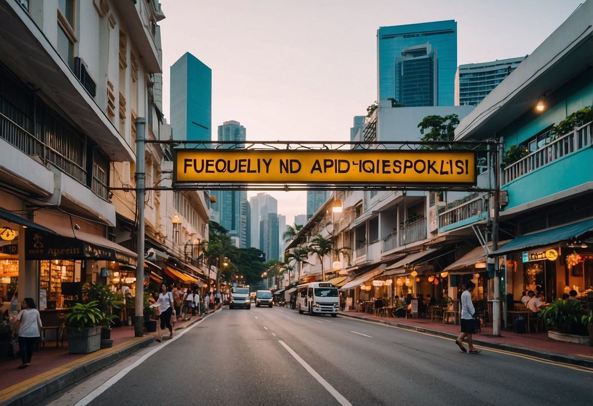 A bustling street in Singapore, with a prominent sign reading "Frequently Asked Questions" at 36 Keong Saik Rd. The surrounding area is filled with vibrant activity and colorful buildings