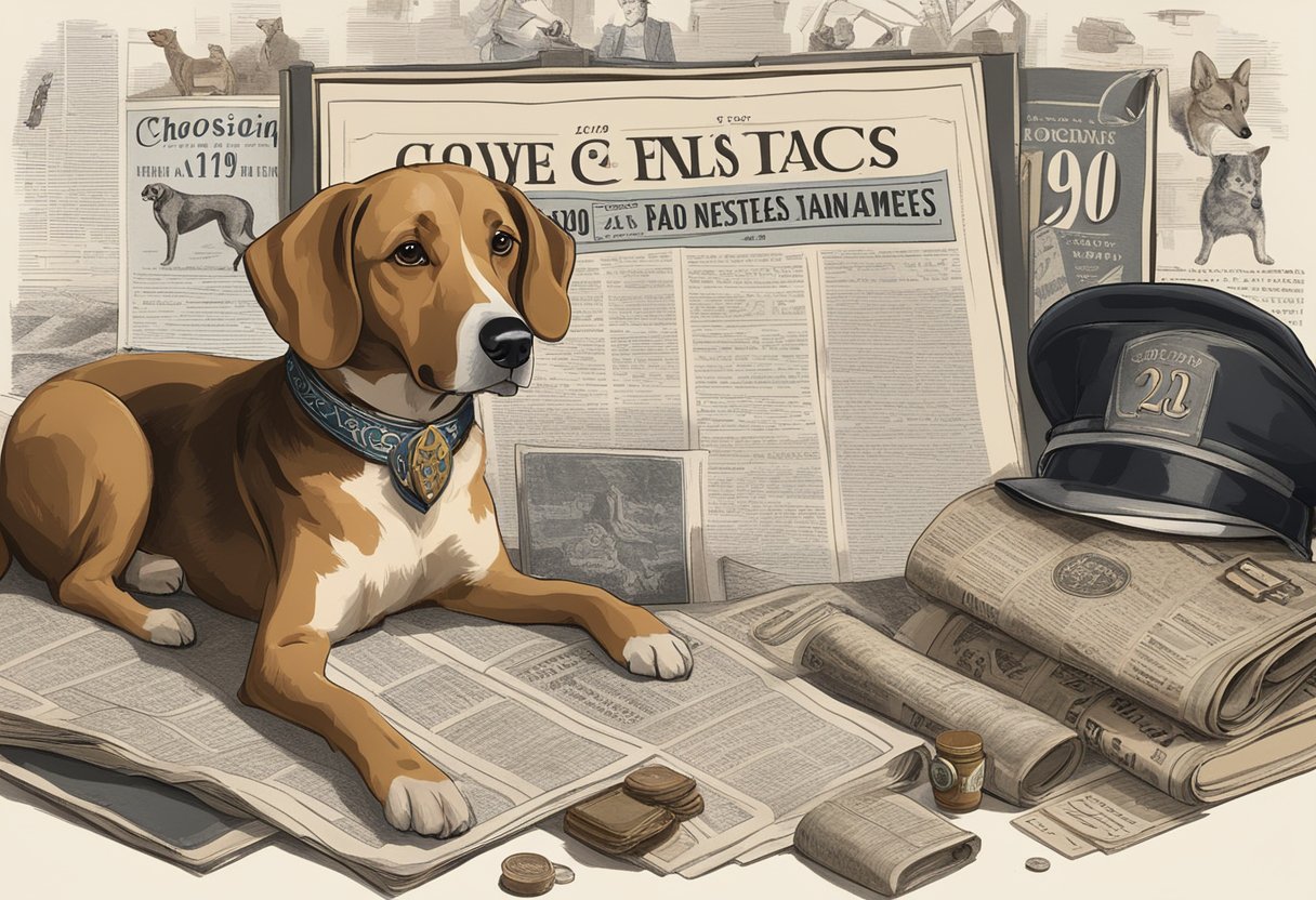 A dog with a 1920s style collar sits next to a vintage newspaper with the headline "Choosing a 1920s Dog Name Today" surrounded by other 1920s-themed items