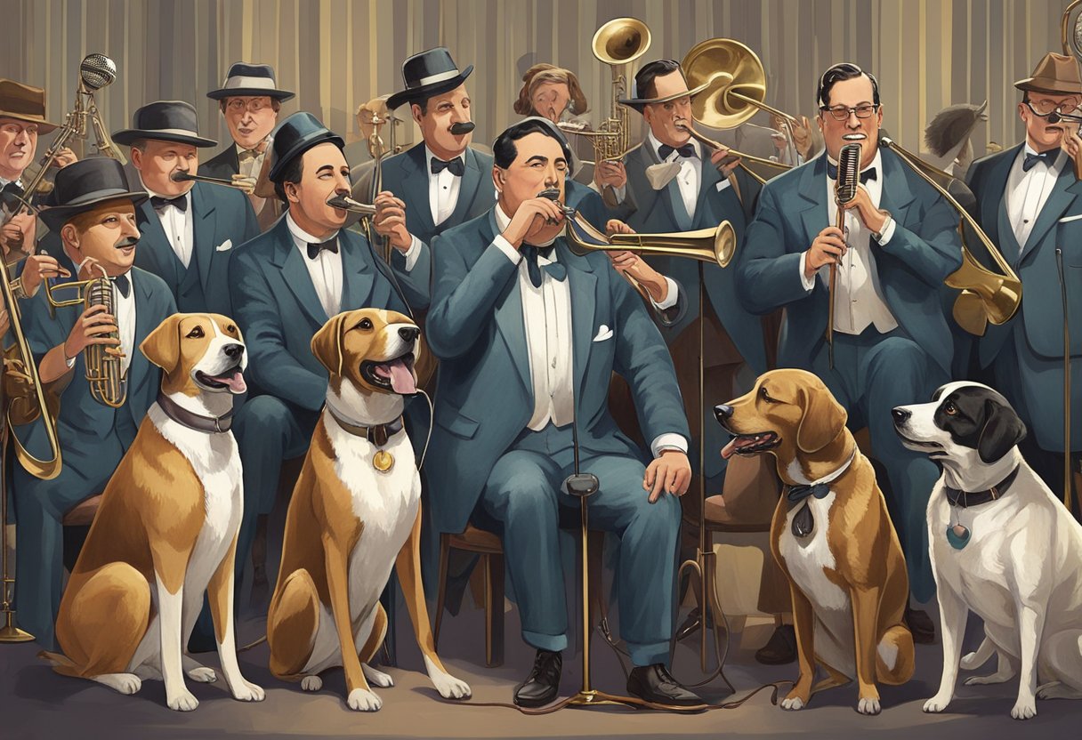 A group of well-dressed dogs gather around a vintage microphone, while a jazz band plays in the background, capturing the essence of the 1920s