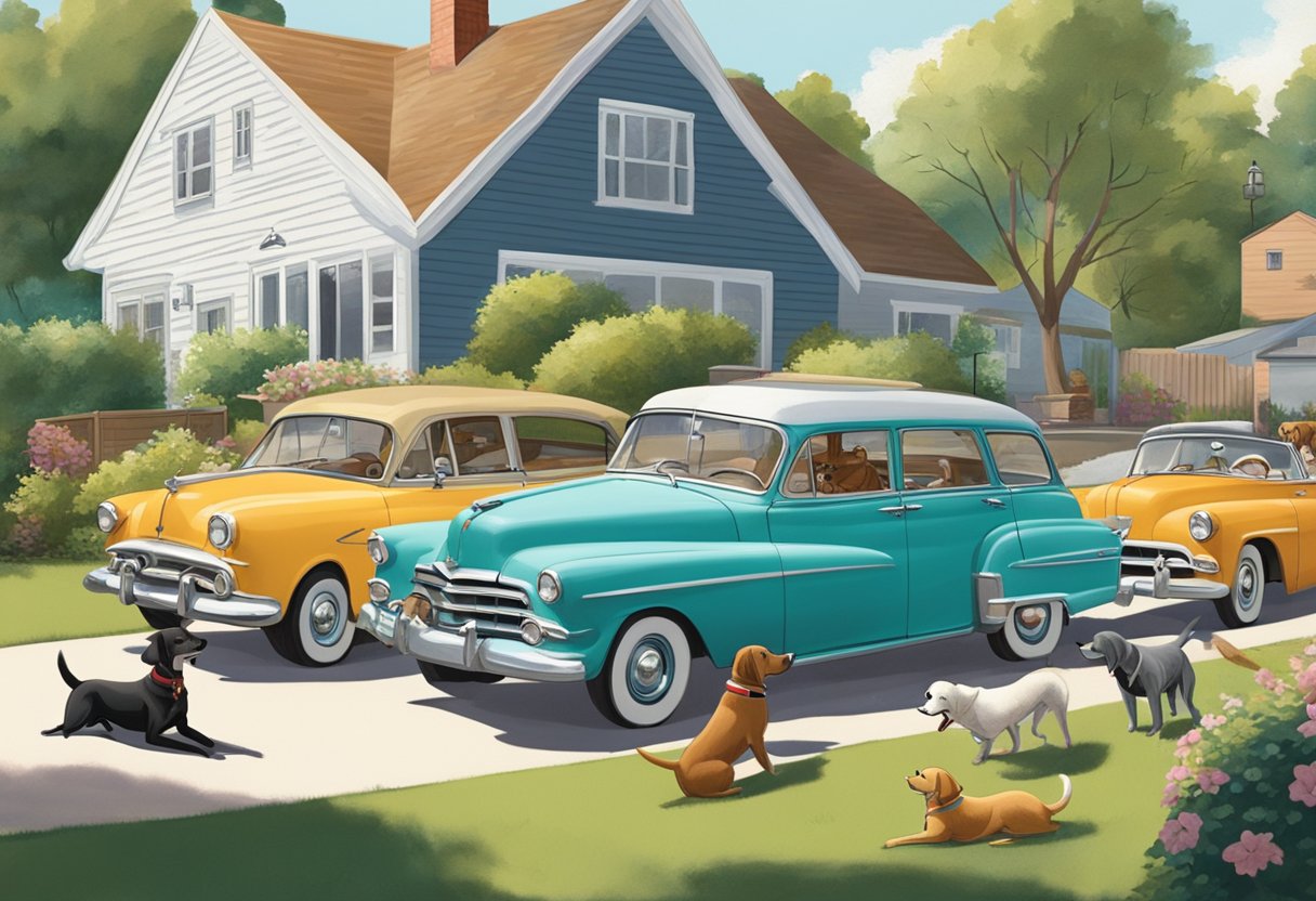 A group of dogs playing in a suburban backyard, with a classic 1950s car parked in the driveway
