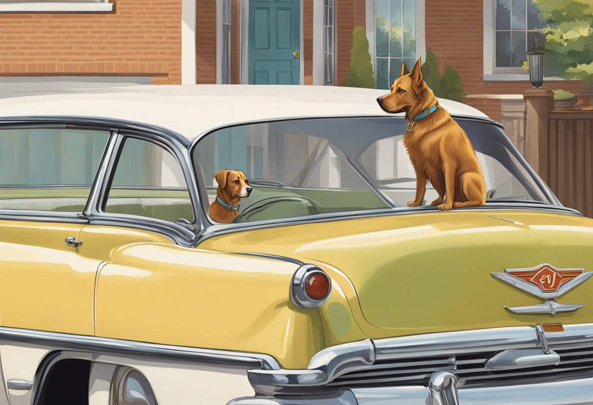 A dog with a sleek, shiny coat sits beside a family car from the 1950s, with a "Rusty" name tag hanging from its collar