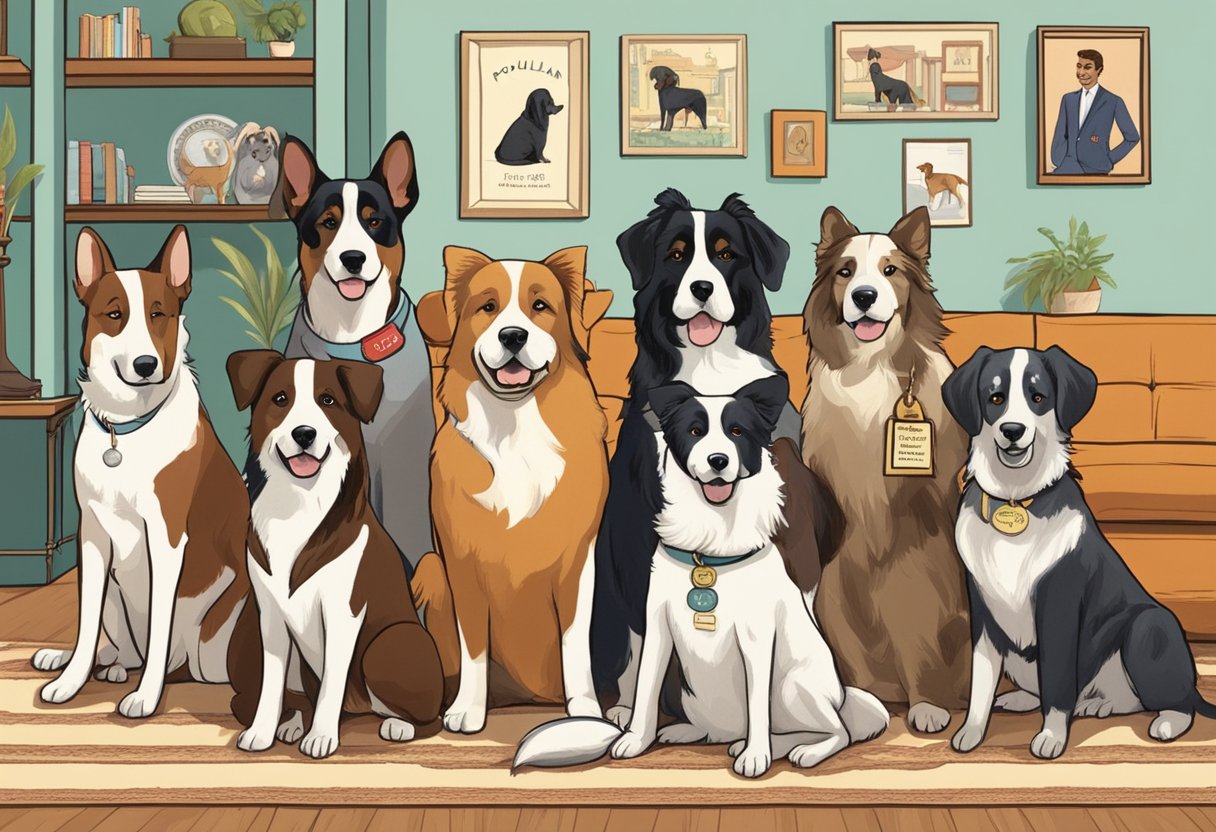 Several male dogs of various breeds sit in a 1950s-style living room, each with a name tag reading popular male dog names from that era