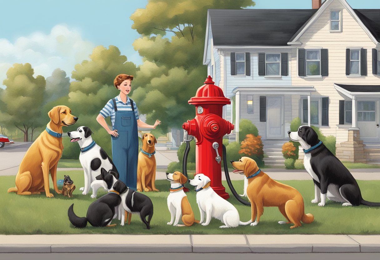 Dogs with names like Fido, Max, and Lady gather around a 1950s-style fire hydrant in a suburban neighborhood