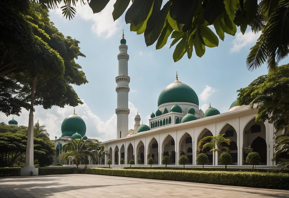 A mosque in Singapore with a minaret, surrounded by lush greenery, with the call to prayer (adzan) being broadcast over loudspeakers