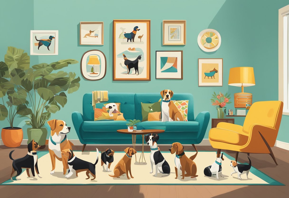 A group of dogs with 1950s-inspired names gather in a vibrant, retro-style living room, surrounded by mid-century furniture and decor