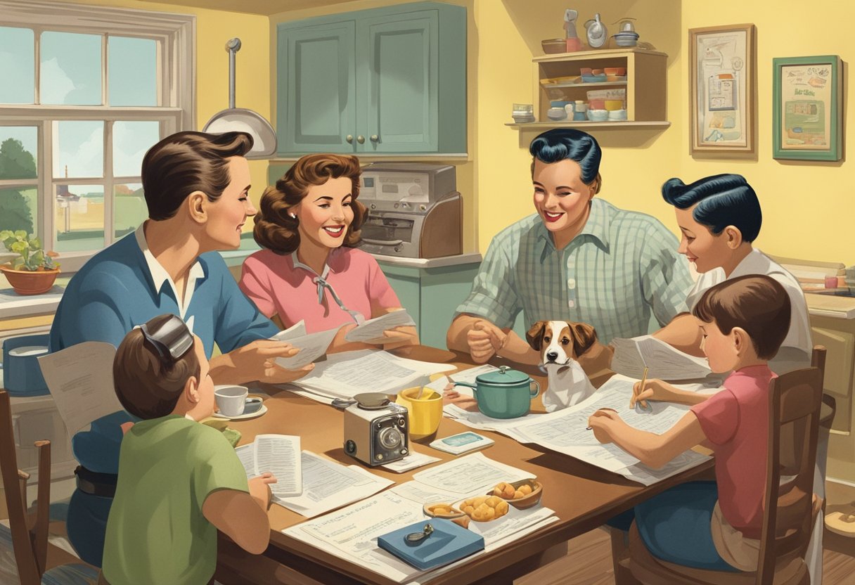 A family sits around a kitchen table, discussing and debating various 1950s dog names written on a piece of paper. A vintage radio plays in the background, adding to the nostalgic atmosphere