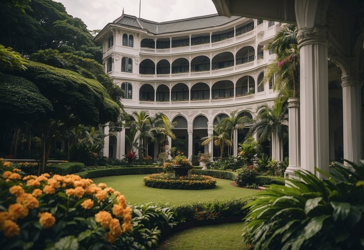 The majestic Albert Court Hotel in Singapore, surrounded by lush greenery and vibrant flowers, with its iconic colonial architecture and intricate details