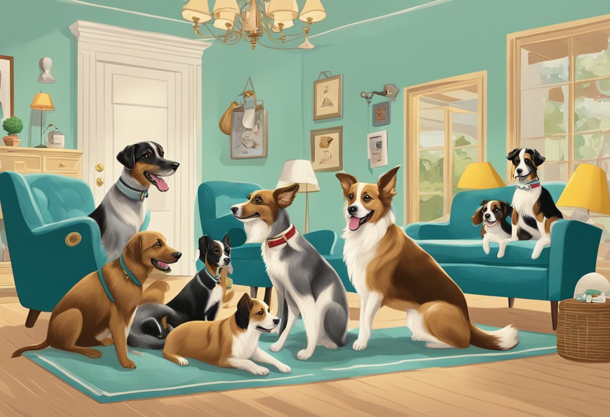 A group of dogs playfully interacting in a 1950s-themed setting, surrounded by vintage decor and accessories