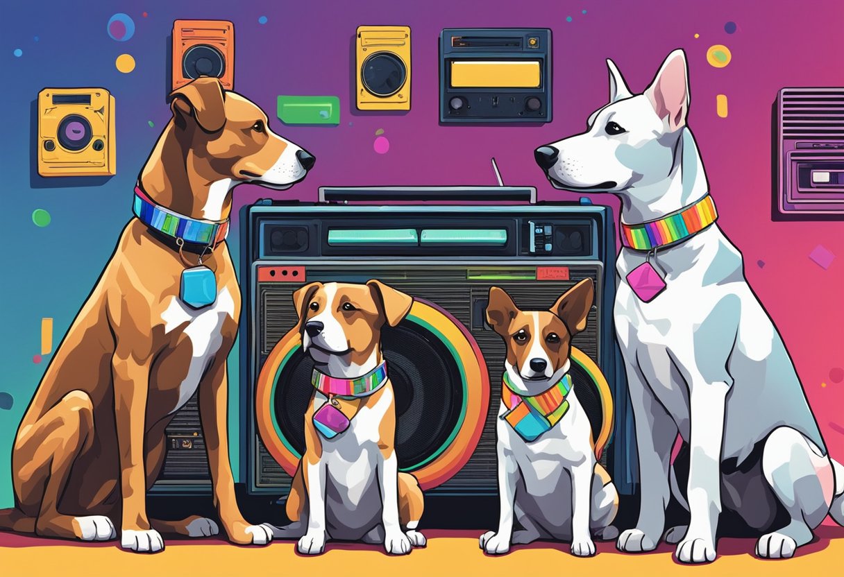 Dogs wearing colorful collars sit in front of a boombox and neon sign reading "1980s Dog Names" with a Rubik's cube and cassette tapes scattered around