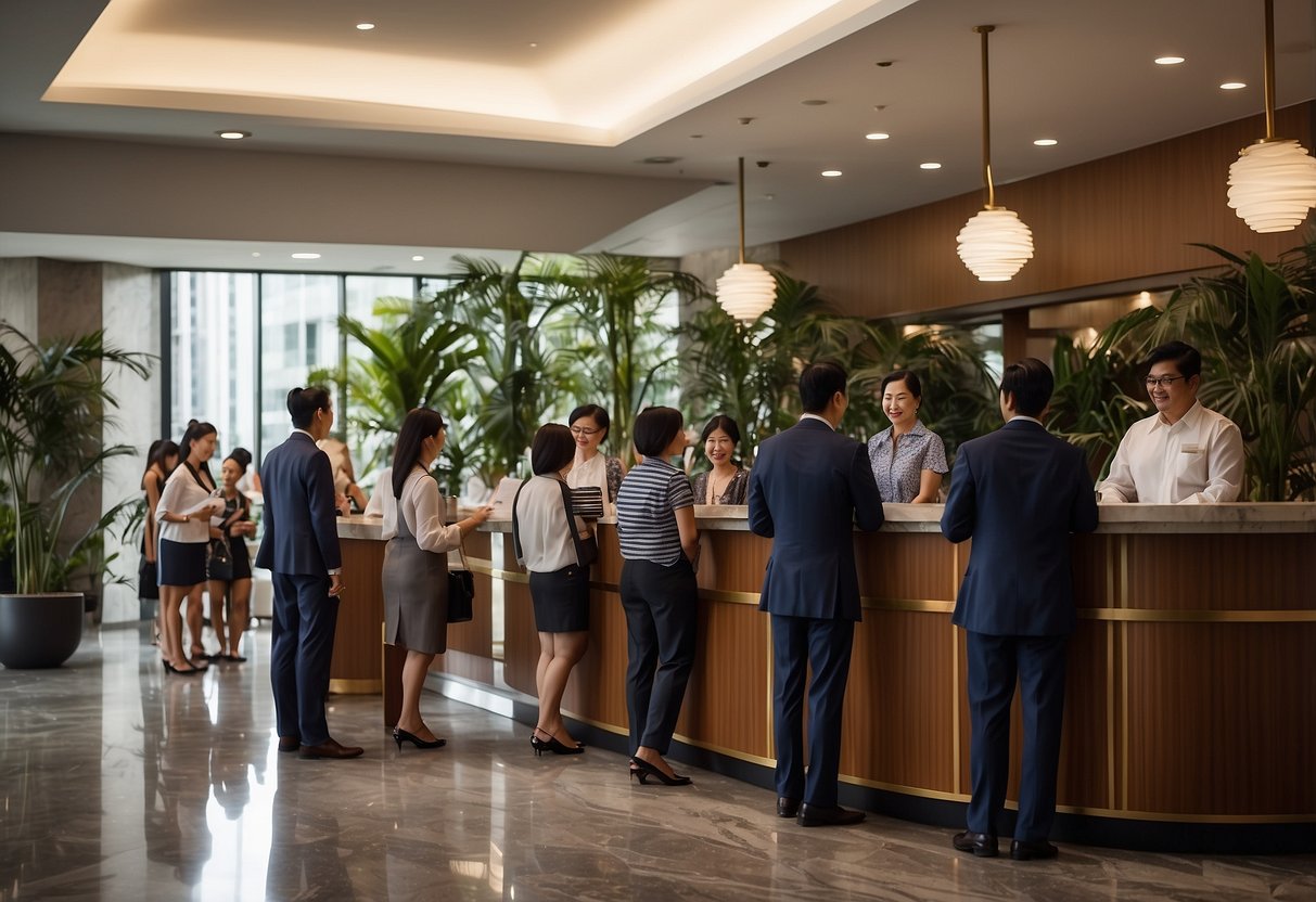 Guests lining up at the reception desk of Albert Court Hotel, Singapore, with staff assisting and answering questions