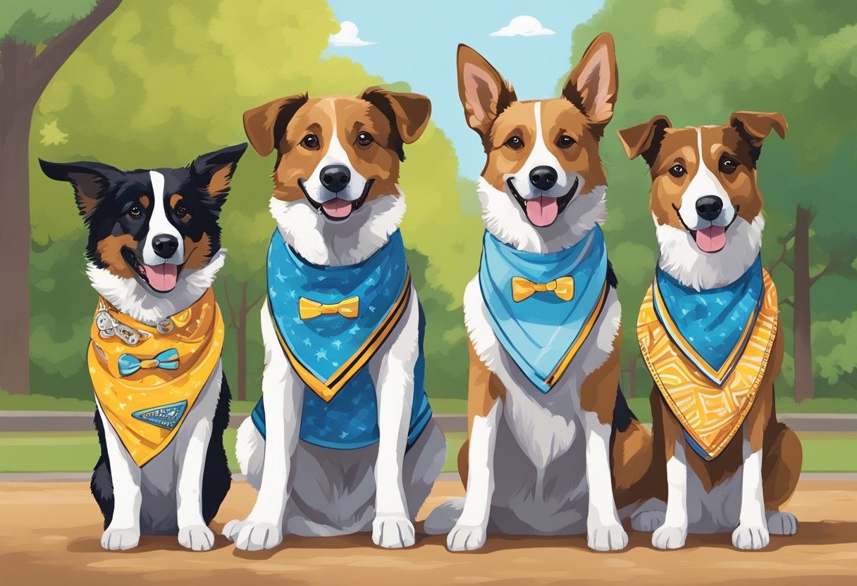 A group of male dogs with names like Max, Buddy, and Rocky play in a park, wearing colorful 1980s-themed bandanas and collars